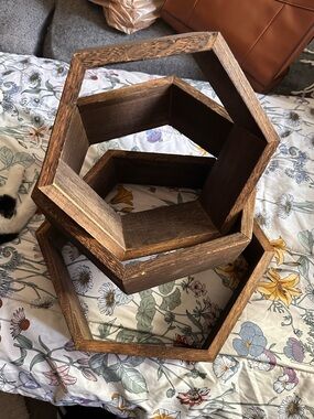 Hexagon Wooden Wall Shelves - Rustic Brown Set
